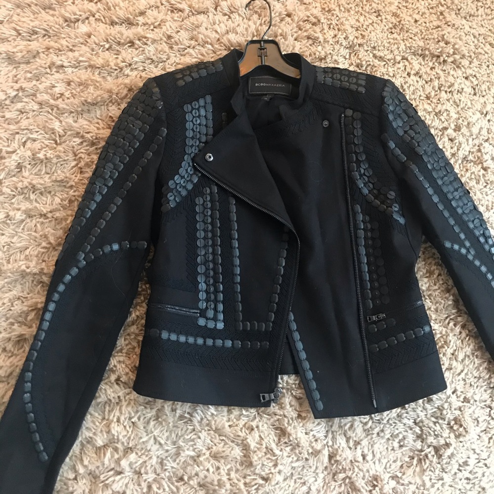 BCBG Jaison Geometric Embroidered Moto Jacket